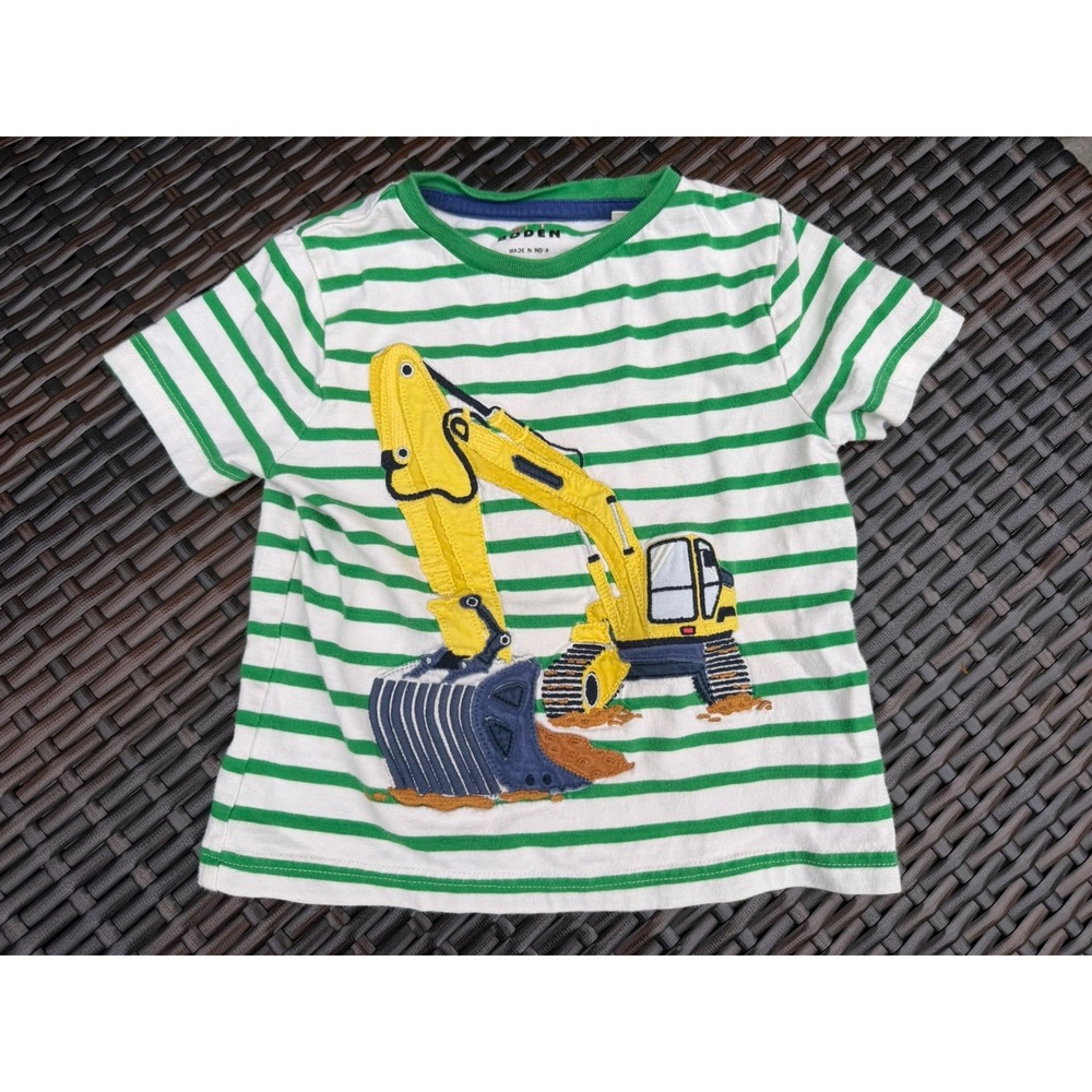 Mini Boden Green Striped Tee with Yellow Digger Appliqué Tee Shirt 2-3y boys